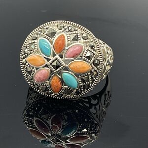 Sterling Silver K Thai 925 Bright Colorful Multi Stone Dome Statement Ring Sz 11